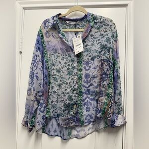 Zara Women's Multicolor Patterned Button-Down Blouse with Shiny Buttons